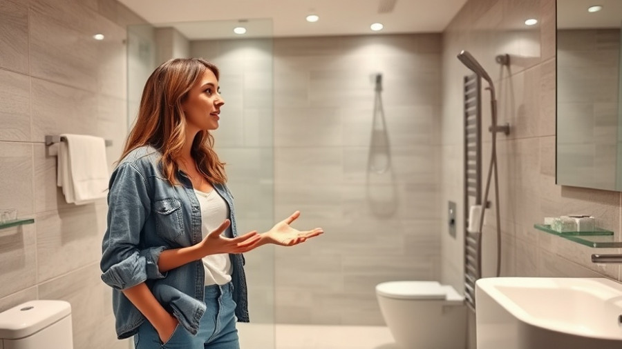 Woman in bathroom discussing front door feature for Home Renovation Insights.