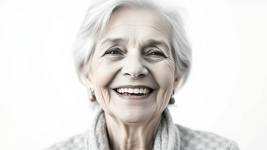 Smiling elderly woman in a grey scale portrait with an abstract background.
