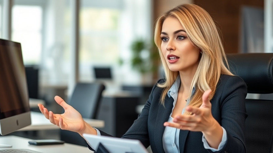 Professional woman expressing money confidence, speaking at a desk.