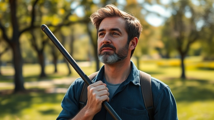 Man with stick in park thinking, natural setting, surprising things that scare dogs.