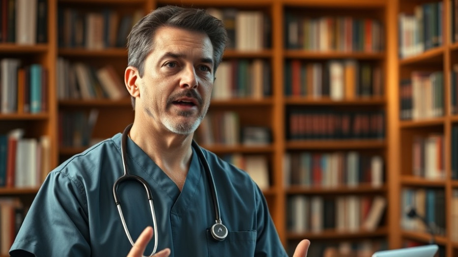 Veterinarian discussing pet health in a library setting.