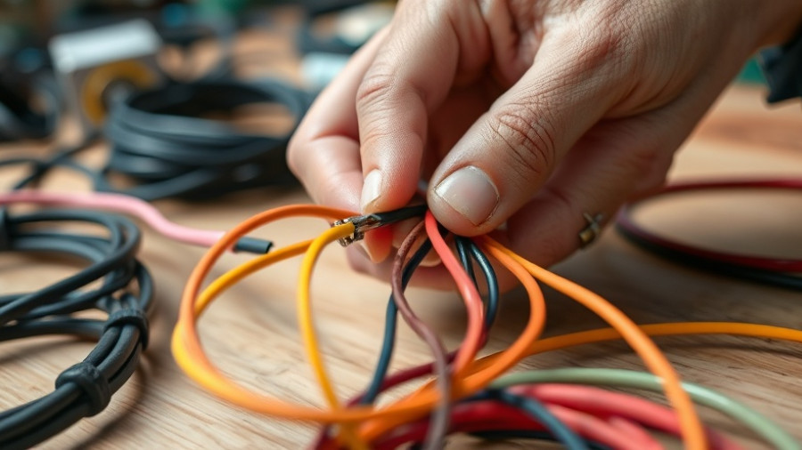 Close-up hands showing electrician tips and tricks with cables.