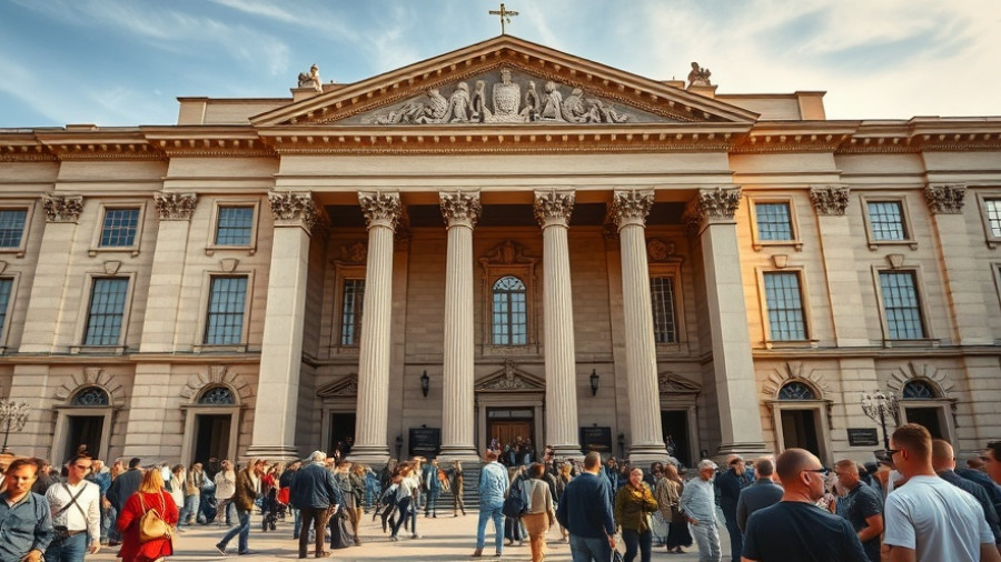 Rajasthan high court facade with people gathered outside, classical architecture.