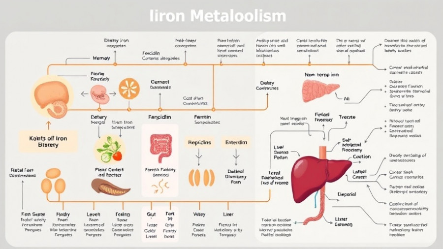 Diagram of iron metabolism and ferritin related to cirrhosis.