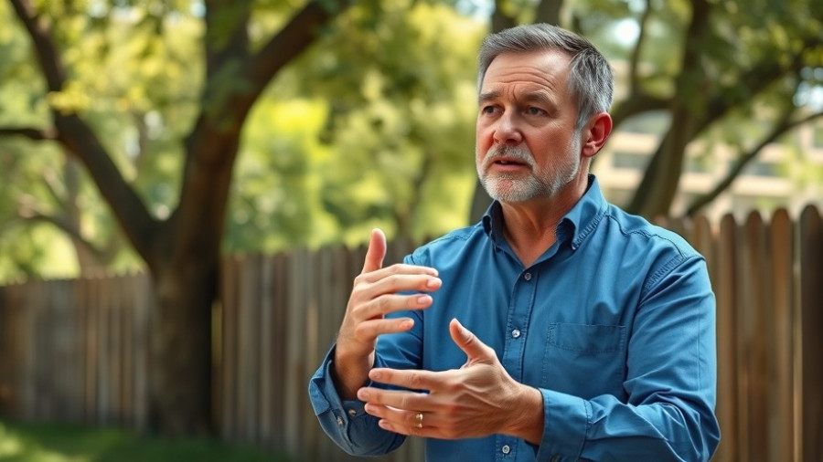 Middle-aged man discussing home improvement outdoors.