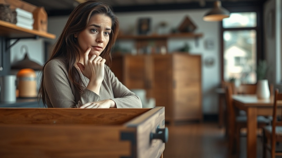 Casual setting with a woman pondering by a wooden drawer, related to Jewelry Made from Ancestors’ Teeth.