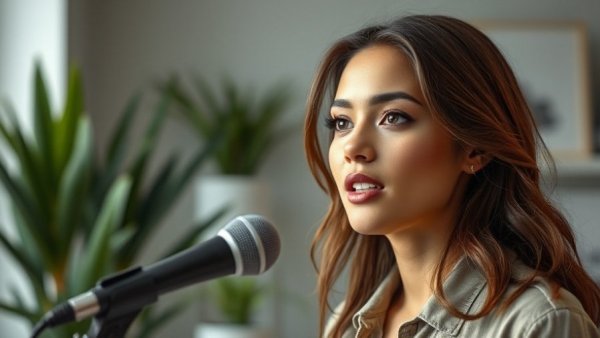 Young woman speaking into a microphone about being a beginner in health and fitness.