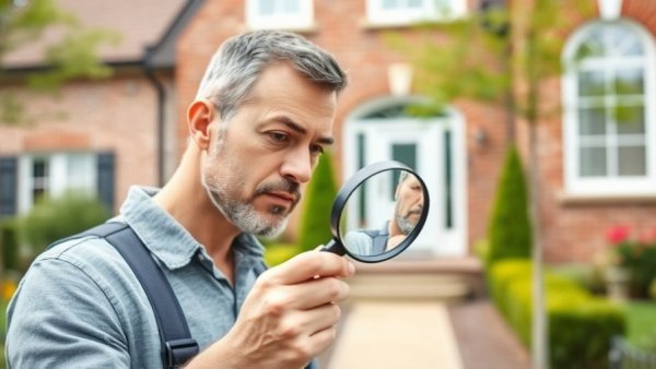 Home inspector examining with magnifying glass in front of house - Home Inspection Importance.