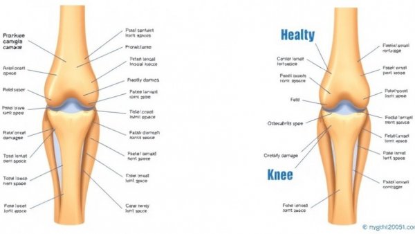 Diagram illustrating knee osteoarthritis symptoms and treatment.