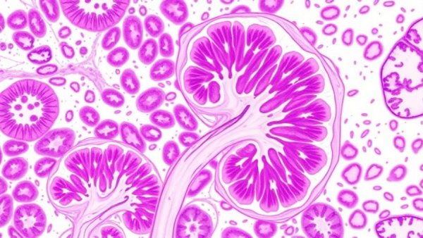 Histological slides showing kidney tissue with pink-purple staining.
