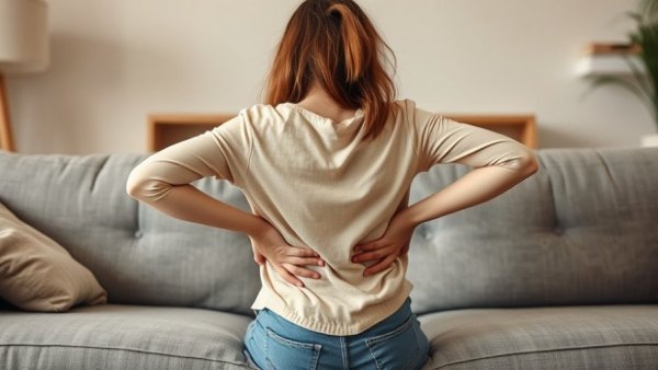 Woman sitting on couch with back pain, highlighting early breast cancer signs.