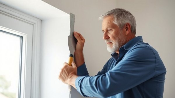 Man repairing drywall corner with putty knife in bright room.