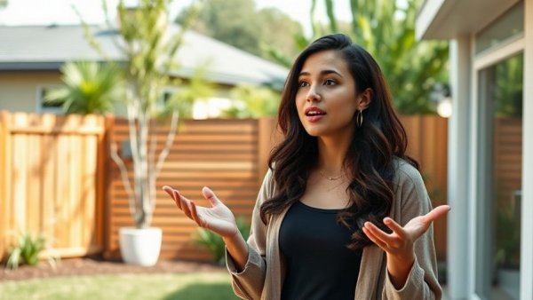 Young woman sharing house flipping tips in a modern outdoor area.