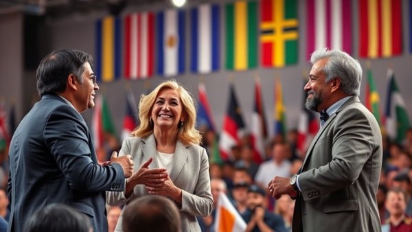 2025 election results announcement on stage with diverse group.