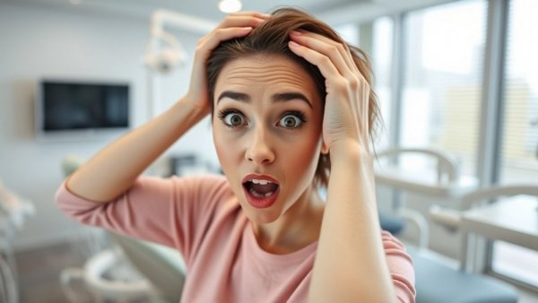 Surprised young woman in dental clinic with warning text.