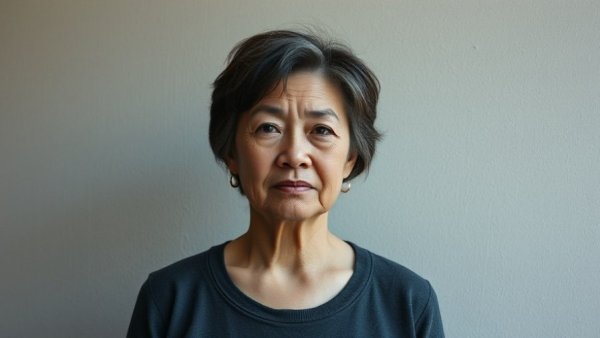 Middle-aged woman standing against a plain wall, elder financial neglect.