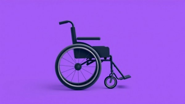 Illustration of wheelchair with lifebuoy wheels, insurance badge, purple background.