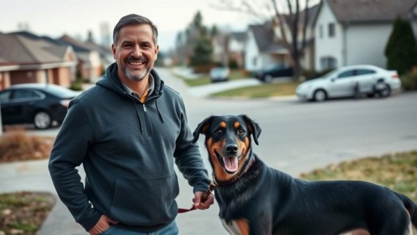 Recall training for dogs; man with leashed dog on driveway.