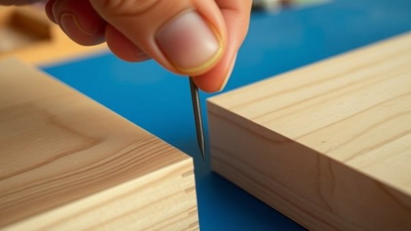 Close-up of woodworking tip, hand with nail on glued wood joint.