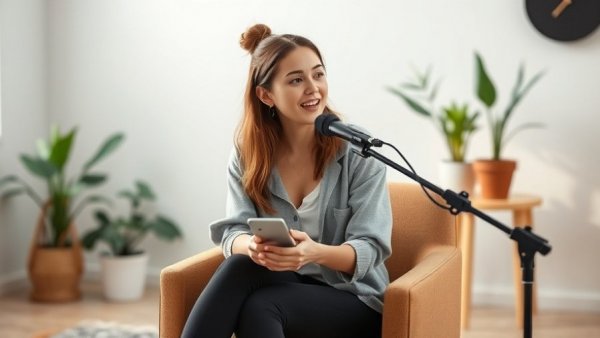 Young woman discussing health topics on a podcast, health nutrition fitness.