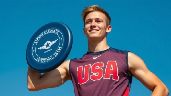 Young athlete holding frisbee, USA Ultimate gear, clear sky backdrop.