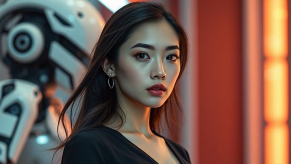 Elegant young woman posing against a futuristic background.