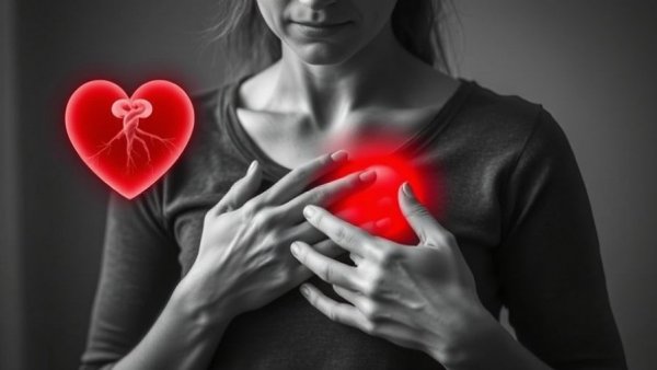 Woman clutching chest with digital heart illustration, Vitamin E and Cardiovascular Risk concept.