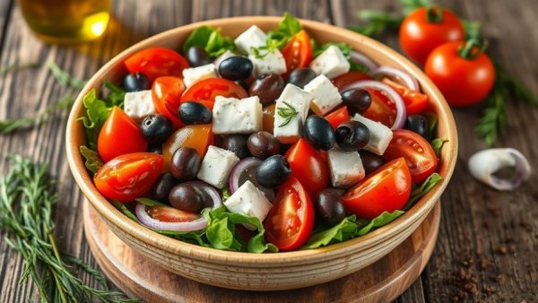 Mediterranean diet benefits for IBS: colorful salad bowl with fresh ingredients.