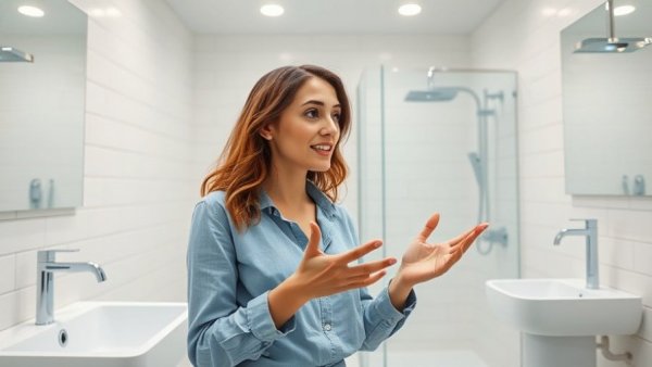 Bathroom renovation hacks, young woman explains modernization techniques.