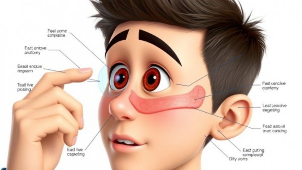 Animated eye diagram with a young man explaining anatomy, Rinsada eye cleaning tool educational context.