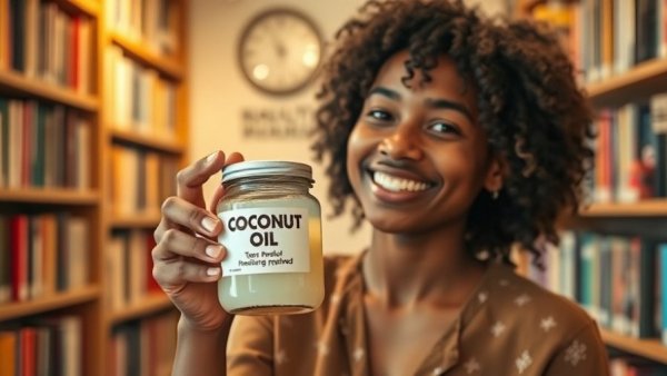 Person showcasing coconut oil as a natural tick repellent, in front of bookshelves.