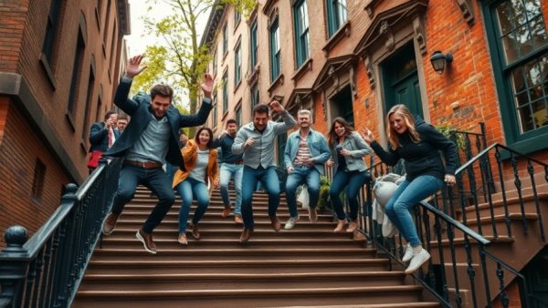 Excited group jumping down brownstone stairs, lively action scene.