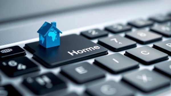 Close-up of keyboard with Home key and globe reflecting mortgage topics.