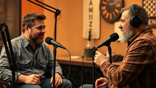 Three men on a podcast discussing roofing, studio setting, engaged discussion.