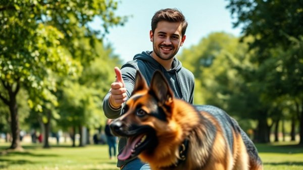 Dog recall training with man and running German Shepherd in a park.