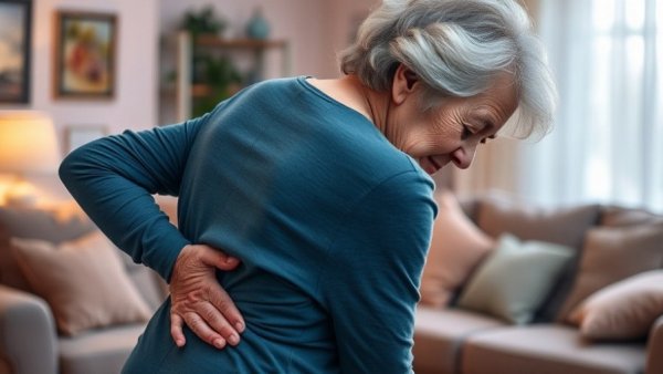 Elderly woman with back pain in a cozy room, considering cannabis extract for back pain relief.