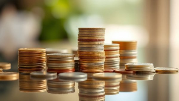 Stacks of coins on a table related to paying your child an allowance.