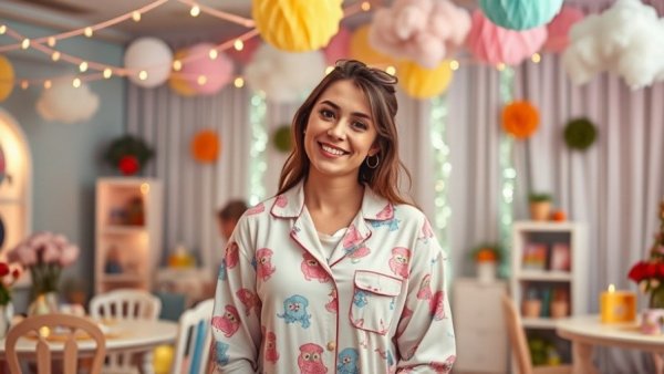 Smiling woman posing at a pajama party with cloud decor.