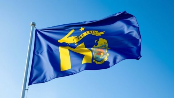 Michigan state flag waving against blue sky