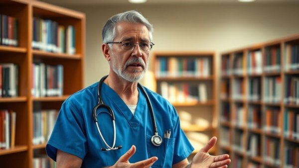 Veterinarian explaining pet insurance in a library setting.