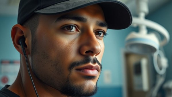 Man in black cap and earphones in a clinical setting.