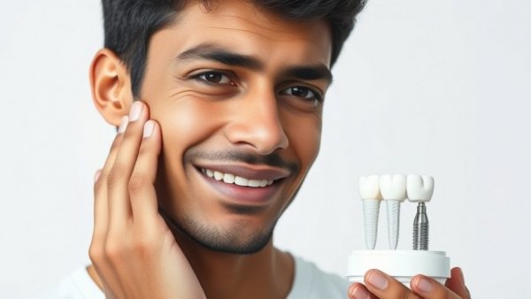 Young man with toothache beside dental implant model