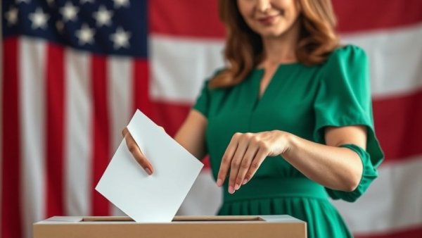 Woman casting vote against American flag backdrop, highlighting political engagement.