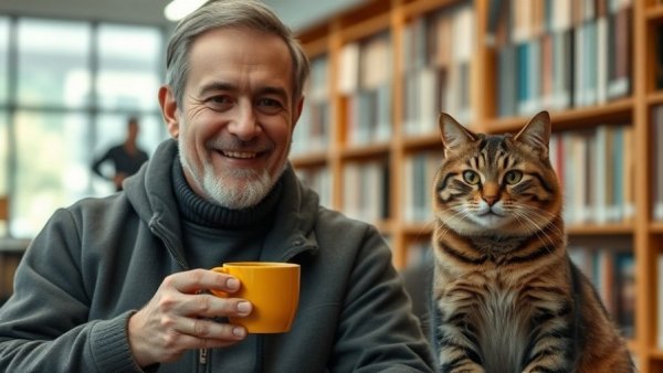 Eye squinting in pets with a man holding tea and a tabby cat.