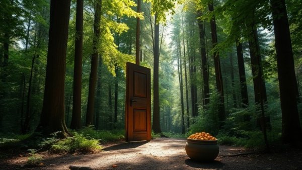 Mysterious forest door and gold, symbolizing investor performance.