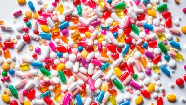 Varied pills and capsules on white surface, highlighting language barriers in pharmacy.