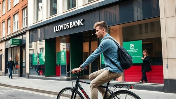 Urban cyclist passing Lloyds Bank, vibrant cityscape.