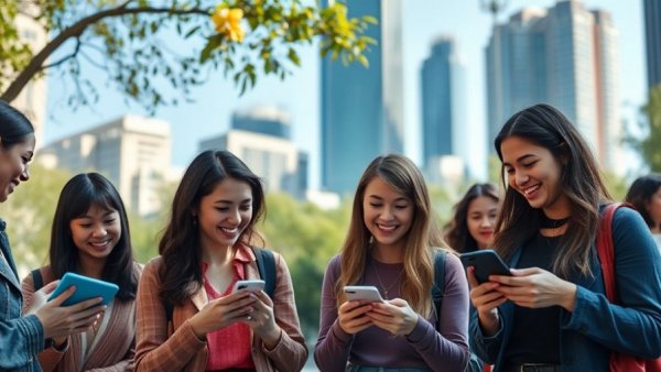 Young women in park playing guess the celebrity smile game.