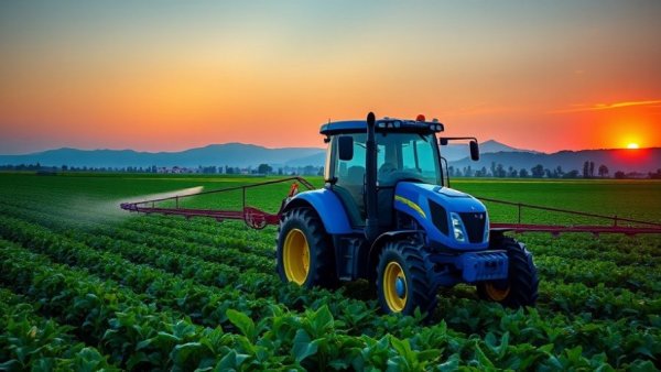 Tractor spraying glyphosate on crops during sunset, vibrant scene.