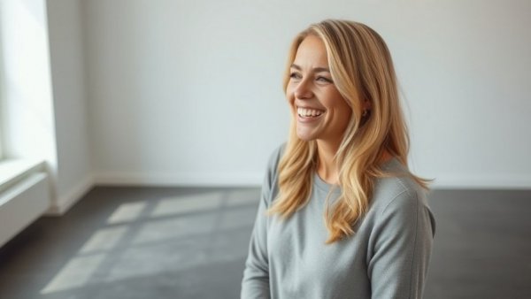 Blonde woman discussing calcium supplements in a minimalist room.